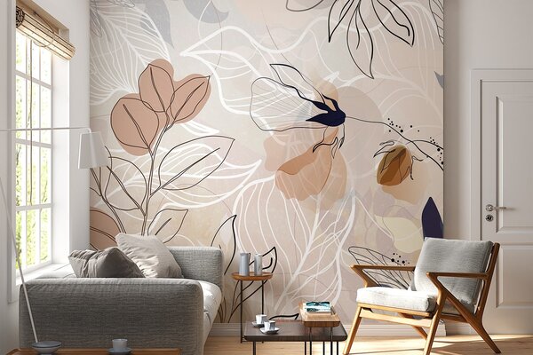 Fototapety Béžové abstraktní pozadí s listovým a květinovým line artem, moderní, minimalistické, organické, Fototapety květiny, w09487 : uwalls.cz