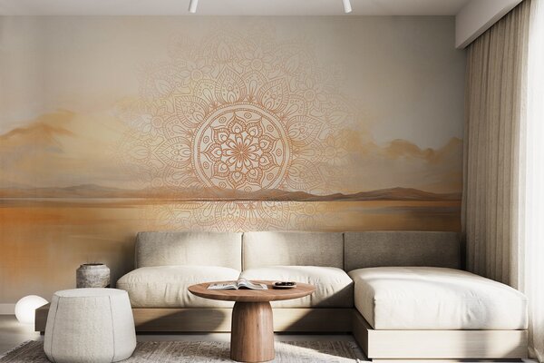 Fototapety Texturovaný symetrický mandalový vzor překrývající krajinu s mořem, kopci a oblohou, jemné pastelové, Fototapety boho, w09491 : uwalls.cz
