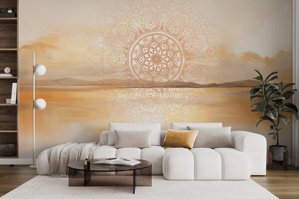 Fototapety Texturovaný symetrický mandalový vzor překrývající krajinu s mořem, kopci a oblohou, jemné pastelové, Fototapety boho, w09491 : uwalls.cz