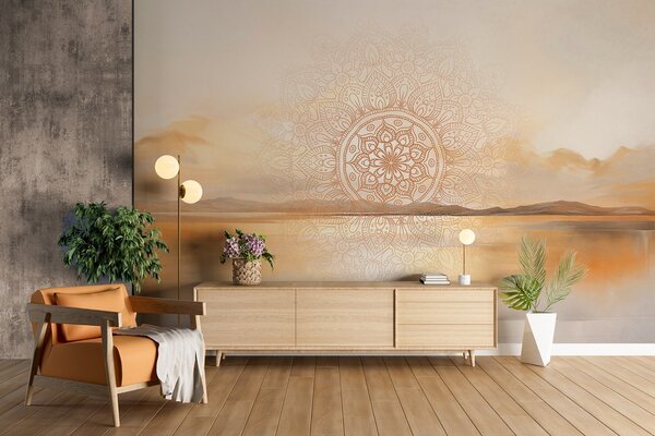 Fototapety Texturovaný symetrický mandalový vzor překrývající krajinu s mořem, kopci a oblohou, jemné pastelové, Fototapety boho, w09491 : uwalls.cz