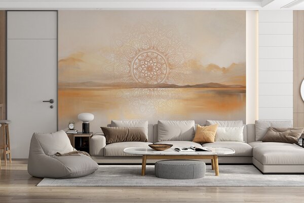 Fototapety Texturovaný symetrický mandalový vzor překrývající krajinu s mořem, kopci a oblohou, jemné pastelové, Fototapety boho, w09491 : uwalls.cz