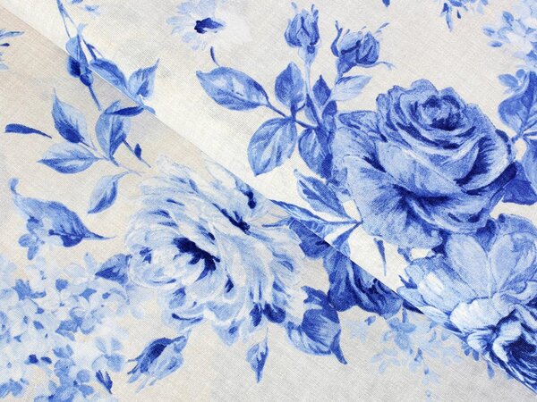 Dekorační látka Leona LN-070 Modré růže na režném - šířka 140 cm