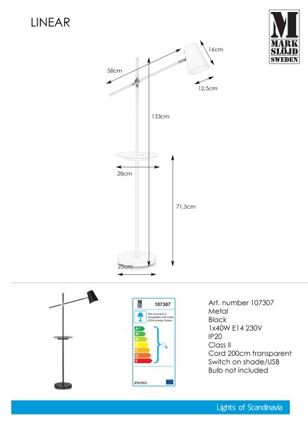 Markslöjd 107307 - Stojací lampa s USB LINEAR 1xE14/40W/230V