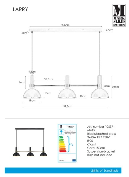 Markslöjd 106971 - Lustr na lanku LARRY 3xE27/60W/230V černá/zlatá