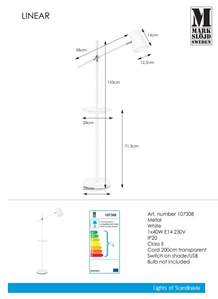 Markslöjd 107308 - Stojací lampa s USB LINEAR 1xE14/40W/230V