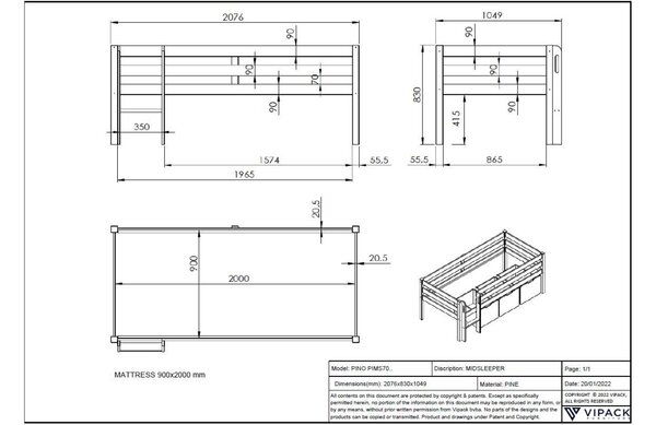 Šedá borovicová patrová postel Vipack Pino I. 90 x 200 cm