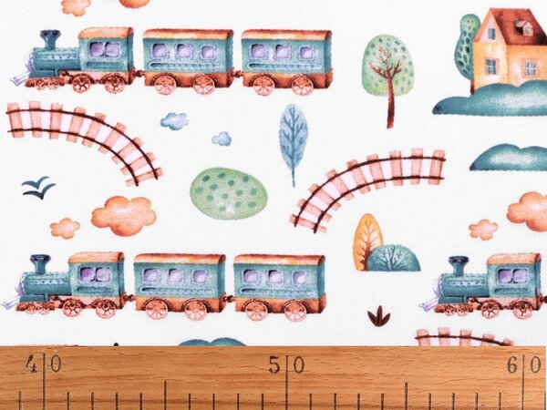 Bavlněná látka vlak METRÁŽ - (139) bílá