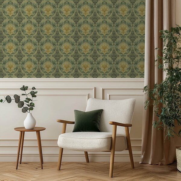 Tapety Damašek s rostlinnými ornamenty, olivově okrová paleta, Tapety orientální, a00828 : uwalls.cz