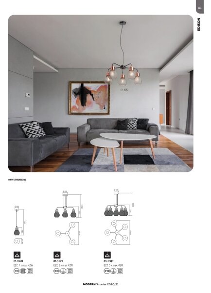Redo 01-1579 - Lustr na lanku EDISON 3xE27/42W/230V pr. 53 cm černá/měděná