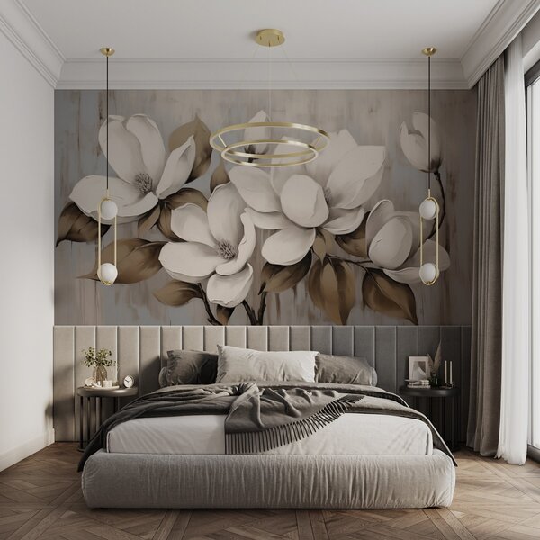 Fototapety Velké květy magnólie s taupe listy na kartáčovaném pozadí, Fototapety květiny, w04785 : uwalls.cz
