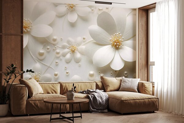 Fototapety Bílé květy s perlami rozptýlenými na bílém pozadí, elegantní a minimalistický design, texturovaný, Fototapety květiny, w09535 : uwalls.cz