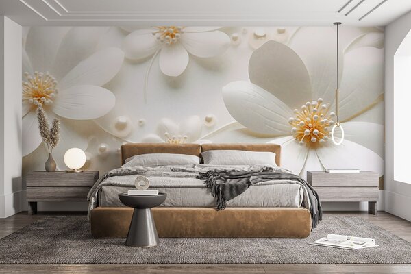 Fototapety Bílé květy s perlami rozptýlenými na bílém pozadí, elegantní a minimalistický design, texturovaný, Fototapety květiny, w09535 : uwalls.cz