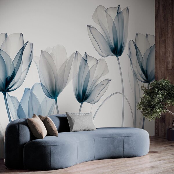 Fototapety Průsvitné modré a bílé tulipány s dlouhými stonky na světlém pozadí, jemné a strukturované, Fototapety květiny, w09538 : uwalls.cz