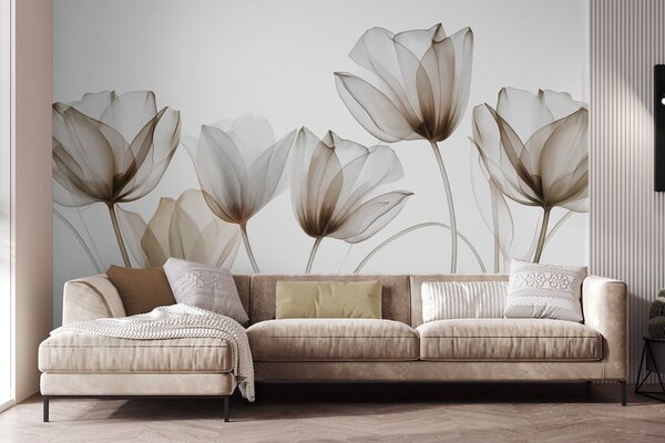 Fototapety Průsvitné hnědé a bílé tulipány s dlouhými stonky na světlém pozadí, jemné a strukturované, Fototapety květiny, w09538v1 : uwalls.cz