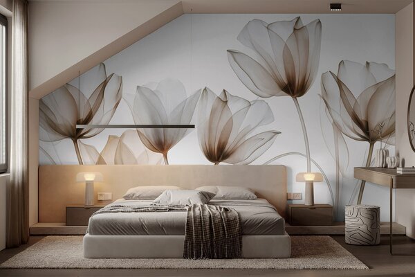 Fototapety Průsvitné hnědé a bílé tulipány s dlouhými stonky na světlém pozadí, jemné a strukturované, Fototapety květiny, w09538v1 : uwalls.cz