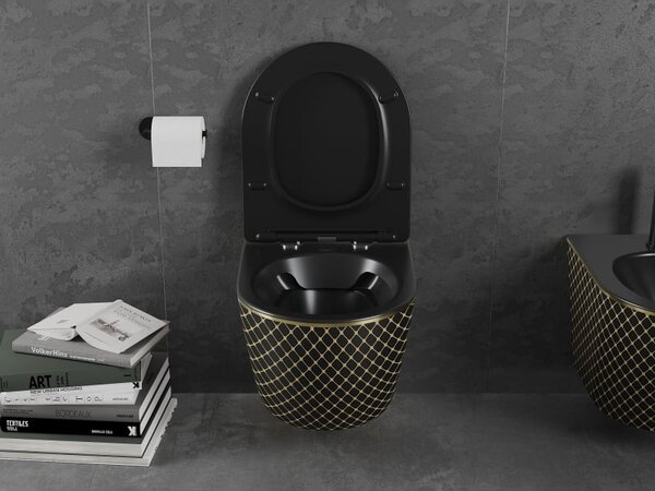 Mexen Lena WC mísa Rimless se záchodovým prkénkem s pomalým sklápěním slim, duroplast, černá mat/zlatý vzor mřížka