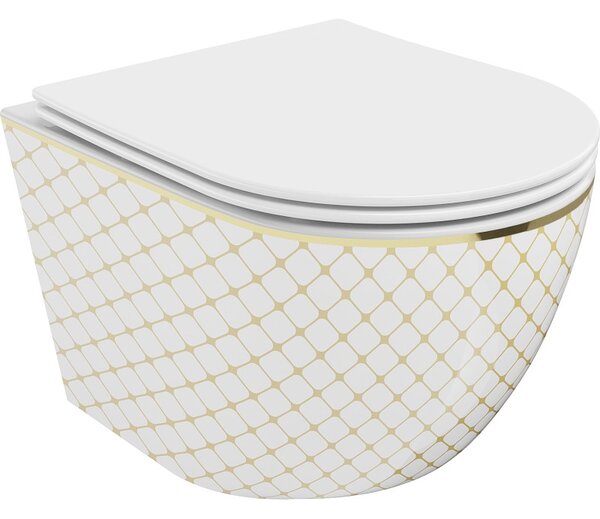 Mexen Lena WC mísa Rimless s pomalu zavíracím slim duroplastovým prkénkem, bílá/zlatá vzor mřížka - 30224009