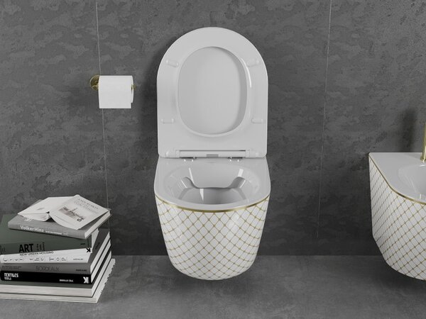 Mexen Lena WC mísa Rimless s pomalu zavíracím slim duroplastovým prkénkem, bílá/zlatá vzor mřížka - 30224009