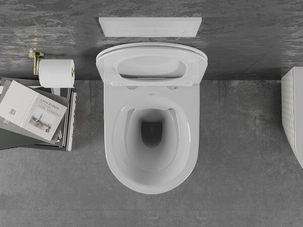 Mexen Lena WC mísa Rimless s pomalu zavíracím slim duroplastovým prkénkem, bílá/zlatá vzor mřížka - 30224009