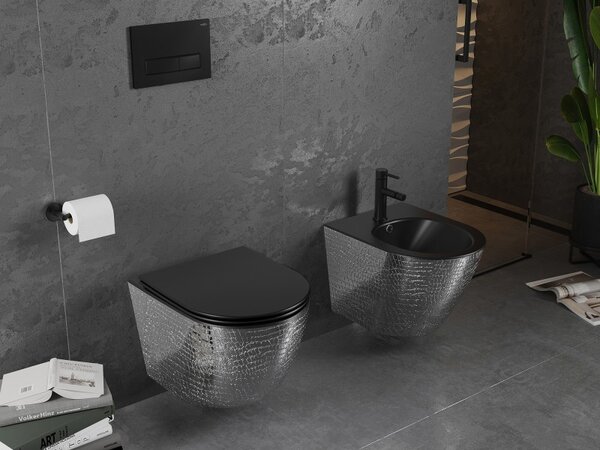 Mexen Lena WC mísa Rimless s pomalu klesající deskou slim, duroplast, černá matná/stříbrný vzor šupiny - 30224072