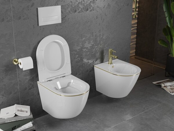 Mexen Lena wc mísa Rimless s pomalu klesající slim deskou, duroplast, bílá/zlatá linie - 30224005