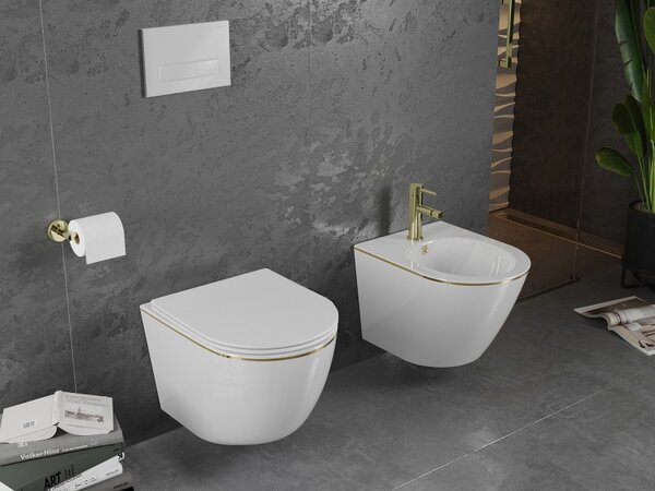 Mexen Lena wc mísa Rimless s pomalu klesající slim deskou, duroplast, bílá/zlatá linie - 30224005