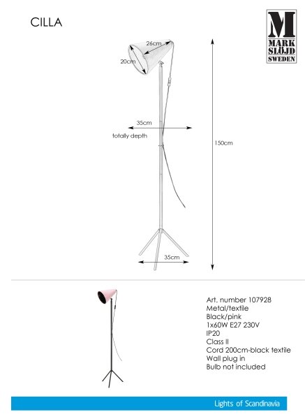 Markslöjd 107928 - Stojací lampa CILLA 1xE27/60W/230V