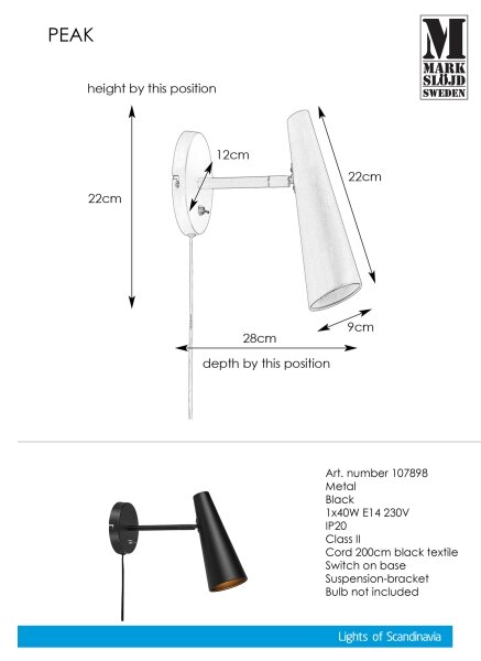 Markslöjd 107898 - Nástěnná lampička PEAK 1xE14/40W/230V