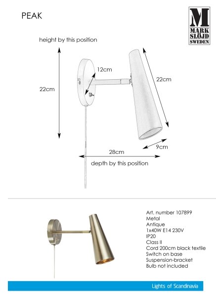 Markslöjd 107899 - Nástěnná lampička PEAK 1xE14/40W/230V