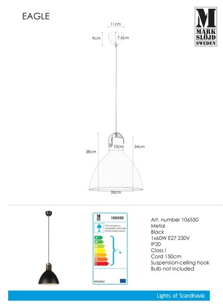 Markslöjd 106550 - Lustr na lanku EAGLE 1xE27/60W/230V