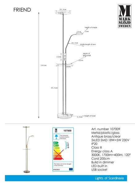 Markslöjd 107009 - LED Stmívatelná stojací lampa FRIEND LED/18W/230V + LED/5W