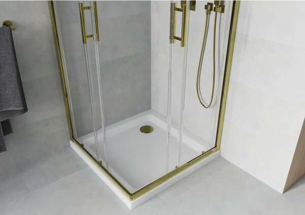 Mexen Rio čtvercová sprchová kabina 80 x 80 cm, transparentní, zlatá + brodzik Flat, bílý - 860-080-080-50-00-4010G
