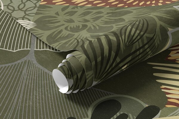 Fototapety Abstraktní koláž botanických prvků s listy, květinami a organickými texturami v odstínech zelené, Fototapety příroda, w09545 : uwalls.cz