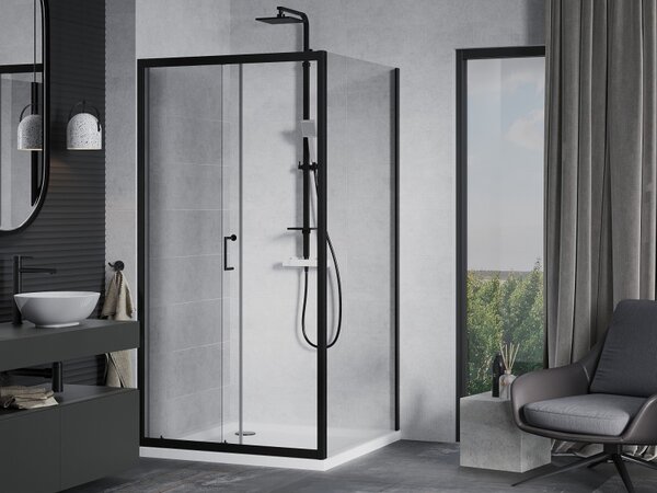 Mexen Apia posuvná sprchová kabina 90 x 90 cm, transparentní, černá + vanička Flat, bílá - 840-090-090-70-00-4010B