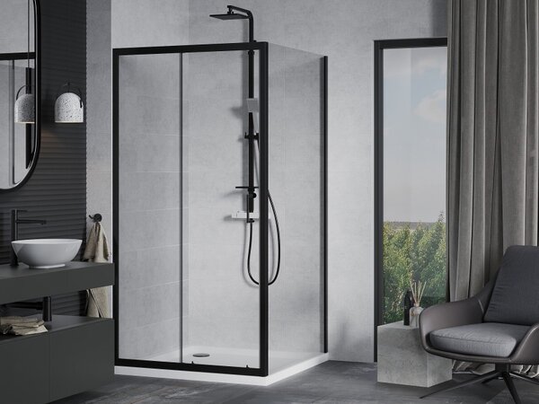 Mexen Apia posuvná sprchová kabina 90 x 90 cm, transparentní, černá + vanička Flat, bílá - 840-090-090-70-00-4010B