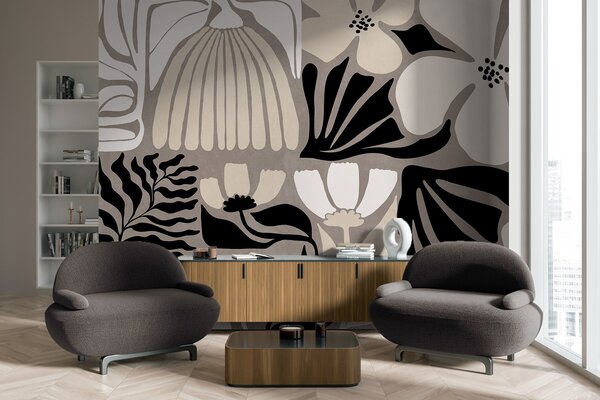 Fototapety Moderní minimalistické stylizované květiny a listy v béžové, černé a bílé barvě, s texturou na, Fototapety květiny, w09547 : uwalls.cz