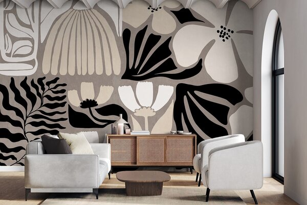 Fototapety Moderní minimalistické stylizované květiny a listy v béžové, černé a bílé barvě, s texturou na, Fototapety květiny, w09547 : uwalls.cz