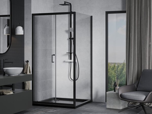 Mexen Apia posuvný sprchový kout 90 x 90 cm, transparentní, černý + plochá vanička, černá - 840-090-090-70-00-4070B