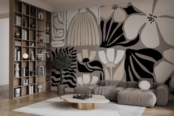 Fototapety Moderní minimalistické stylizované květiny a listy v béžové, černé a bílé barvě, s texturou na, Fototapety květiny, w09547 : uwalls.cz