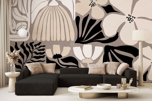 Fototapety Moderní minimalistické stylizované květiny a listy v béžové, černé a bílé barvě, s texturou na, Fototapety květiny, w09547 : uwalls.cz