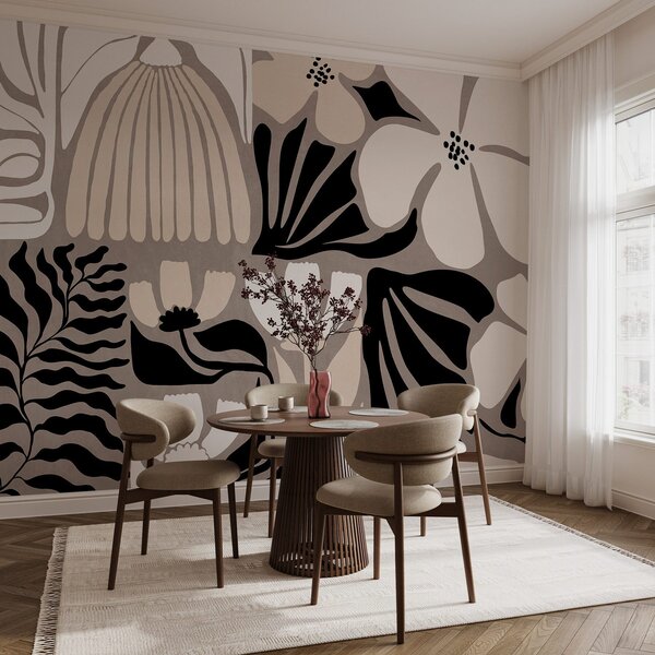 Fototapety Moderní minimalistické stylizované květiny a listy v béžové, černé a bílé barvě, s texturou na, Fototapety květiny, w09547 : uwalls.cz