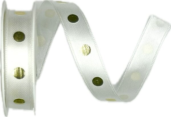 Saténová stuha GOLDEN DOTS WHITE bílá 15mm x 3m (7,-Kč/m)