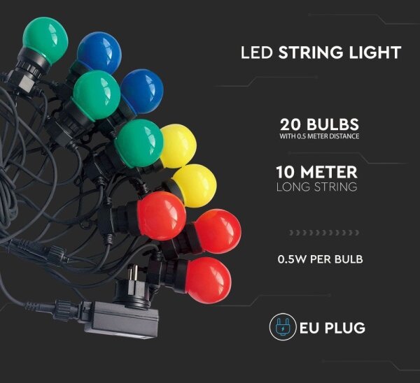 LED Venkovní řetěz STRING RGB 10m 20xLED/0,5W/230V IP44