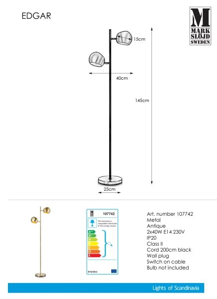 Markslöjd 107742 - Stojací lampa EDGAR 2xE14/40W/230V