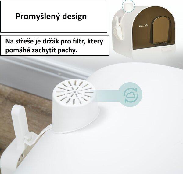 Kočičí záchod přenosný s výsuvnou miskou a lopatkou, bílo-hnědý D31-050V00WT