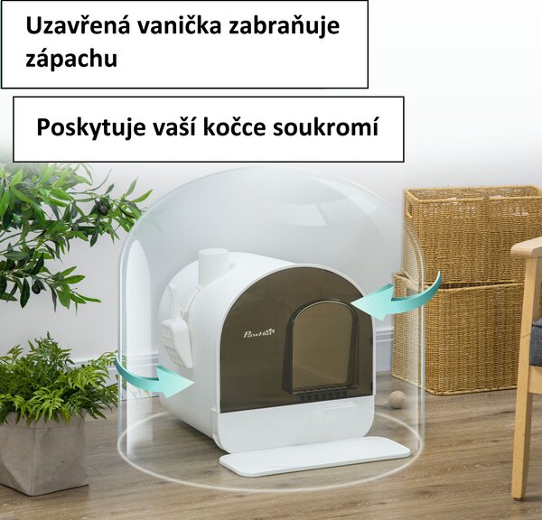 Kočičí záchod přenosný s výsuvnou miskou a lopatkou, bílo-hnědý D31-050V00WT