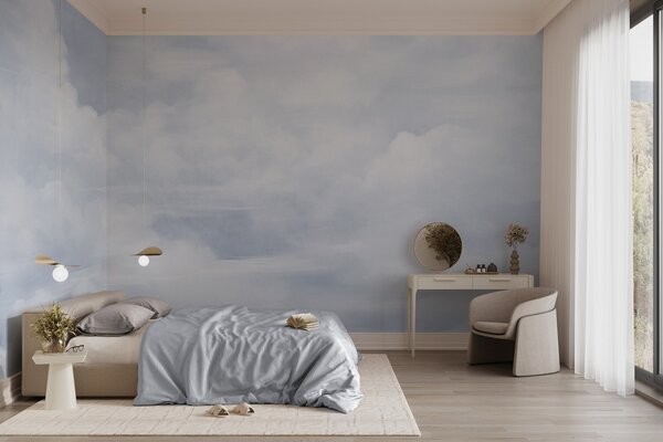 Fototapety Pastelová texturovaná obloha plná bílých mraků s jemnou a minimalistickou estetikou, Fototapety obloha, w09589 : uwalls.cz