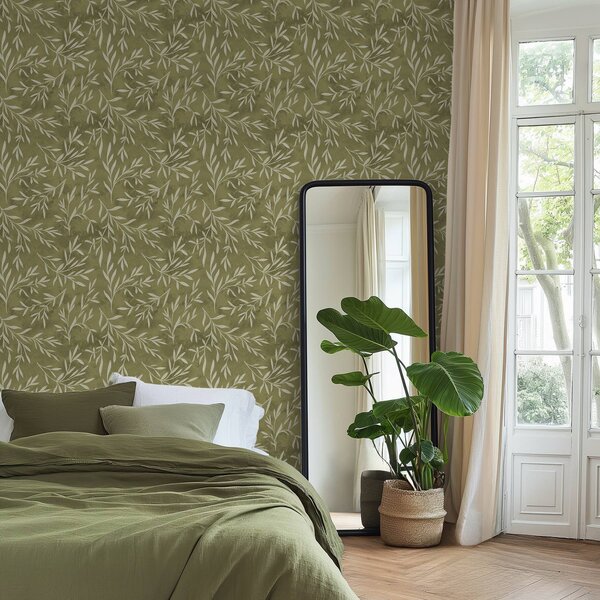 Tapety Krémově bílé větvičky na teplém olivovém texturovaném pozadí, Tapety příroda, Tapety listy, a00936v1 : uwalls.cz