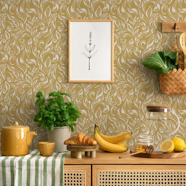 Tapety Krémově bílý listový ornament na teplém okrovém pozadí, Tapety květiny, a00940v1 : uwalls.cz