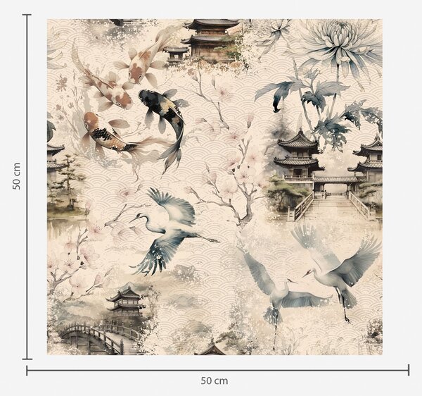 Tapety Japonské chrámy, kapři koi a jeřábi na jemném pozadí, Tapety orientální, a01040 : uwalls.cz